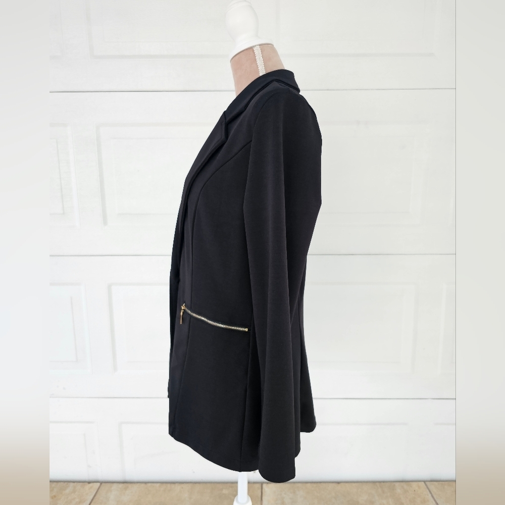 Genhoo Black Blazer Jacket Women’s Longline Chic Minimalist Gold Zip Pockets L - Picture 3 of 12